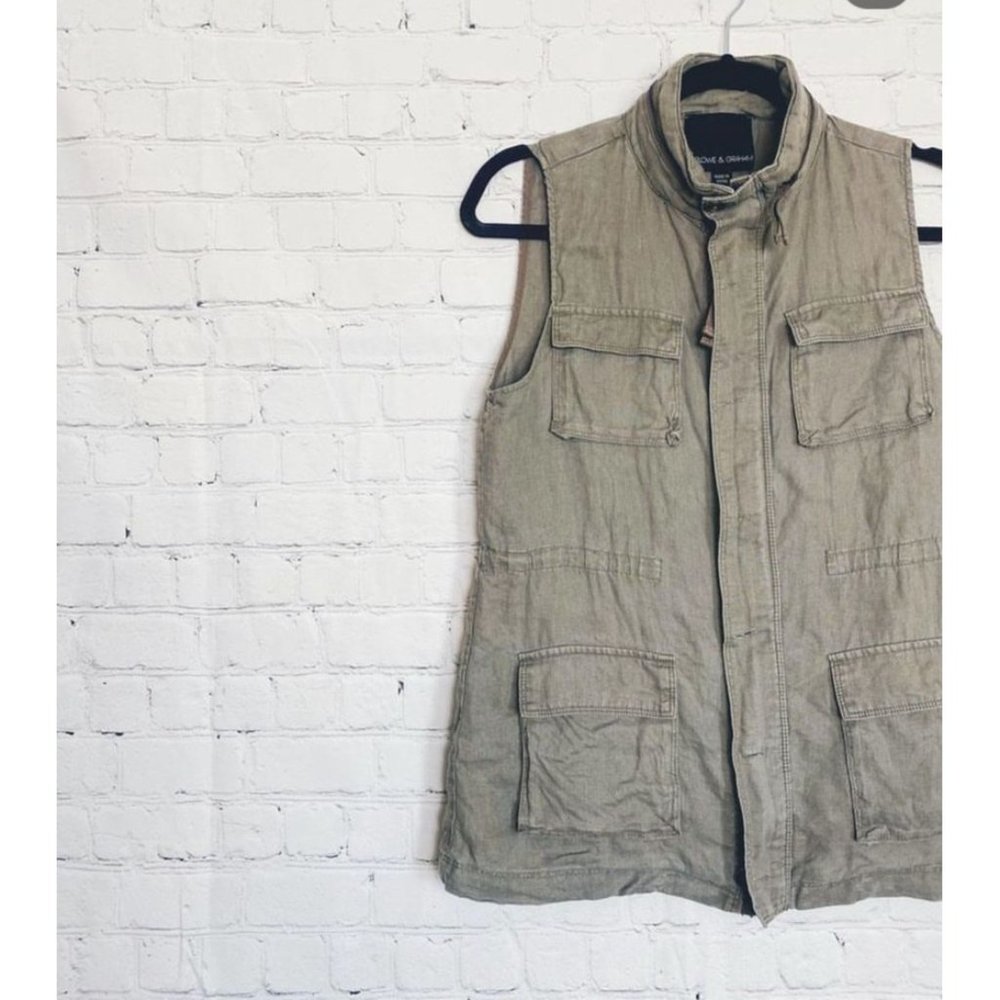 Harlowe & Graham 100% Linen Cargo Utility Zip Up Vest Army/Olive Green Size XS